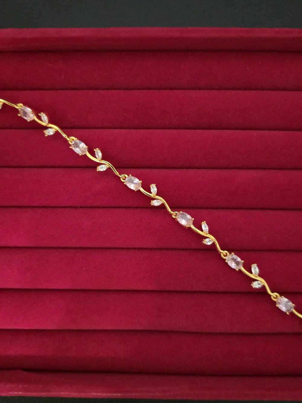 18K Gold Plated Women's Leaf Link Bracelet w/ Soft Pink Zircon - Women B003